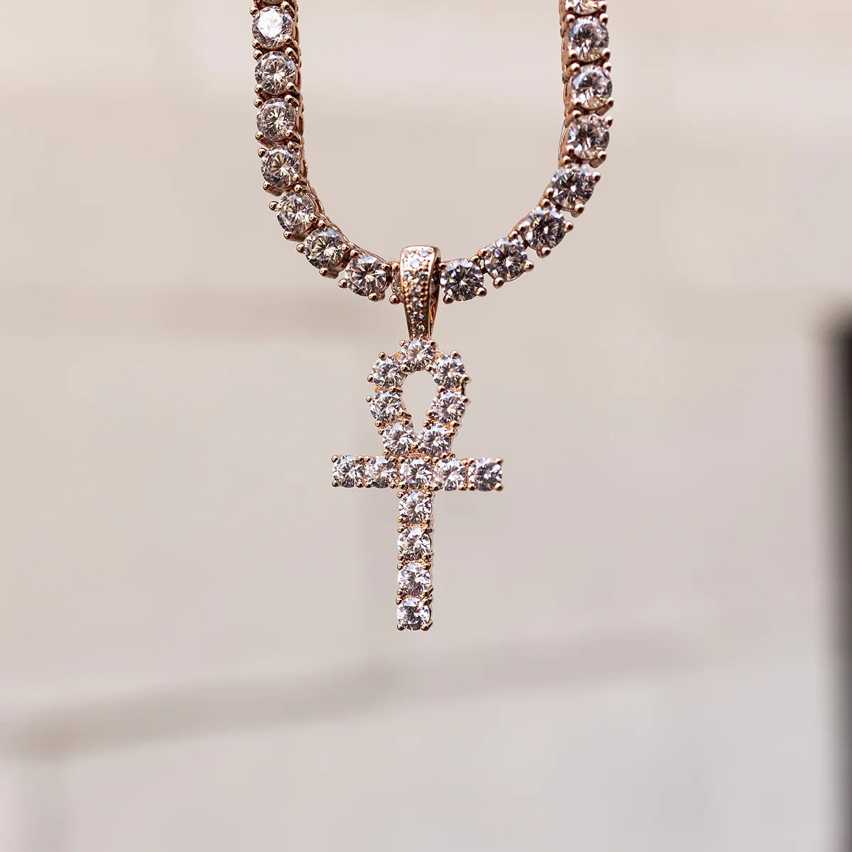 Iced Ankh Cross Pendant in Rose Gold