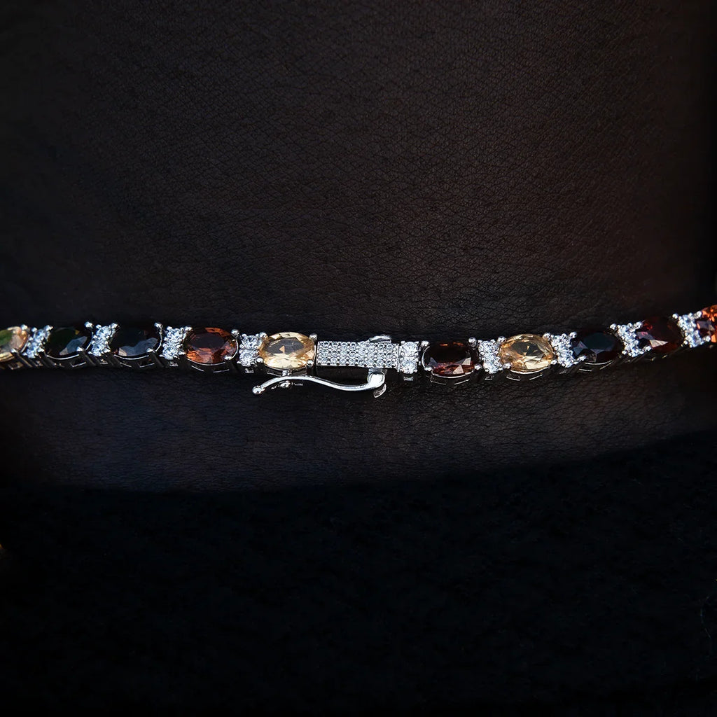 Multicolor Mixed Oval Cut Tennis Tonal Brown Stones Chain + Bracelet Bundle- 5mm