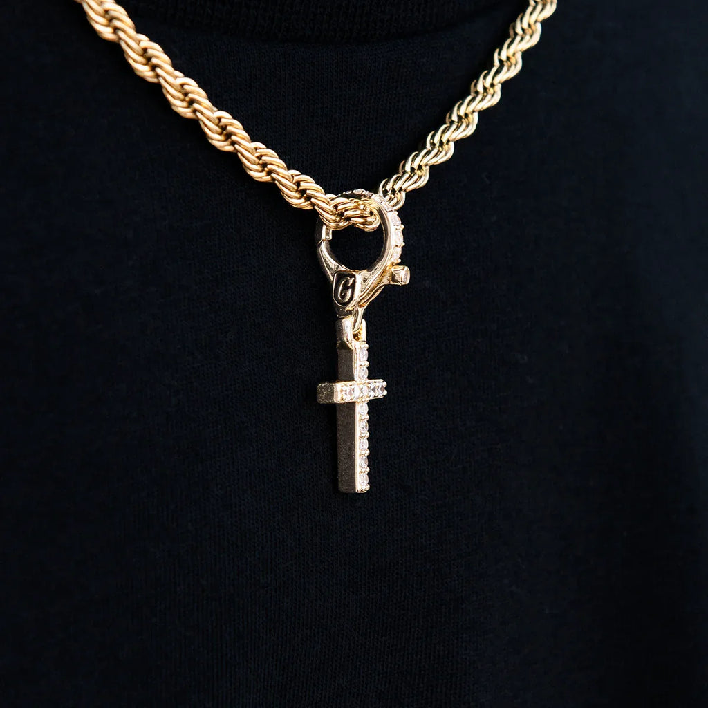 Iced Micro Cross Clip On Pendant in Yellow Gold