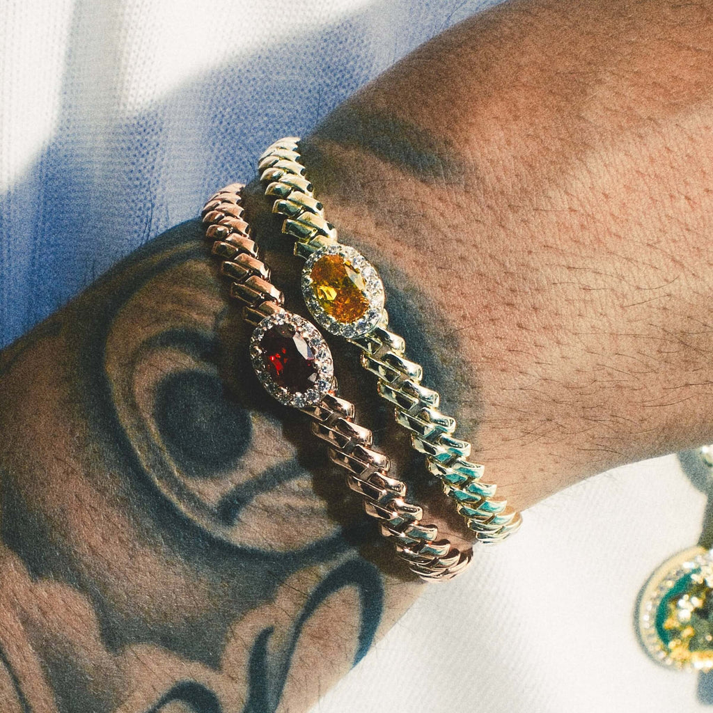 Iced Burgundy Oval Cuff in Rose Gold + Iced Canary Oval Cuff in Yellow Gold Bundle - 3mm