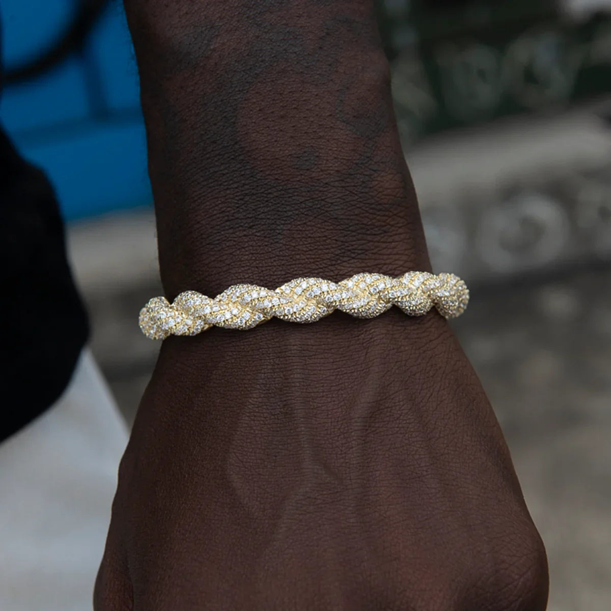 Diamond Rope Cuff Bracelet in Yellow Gold- 10mm