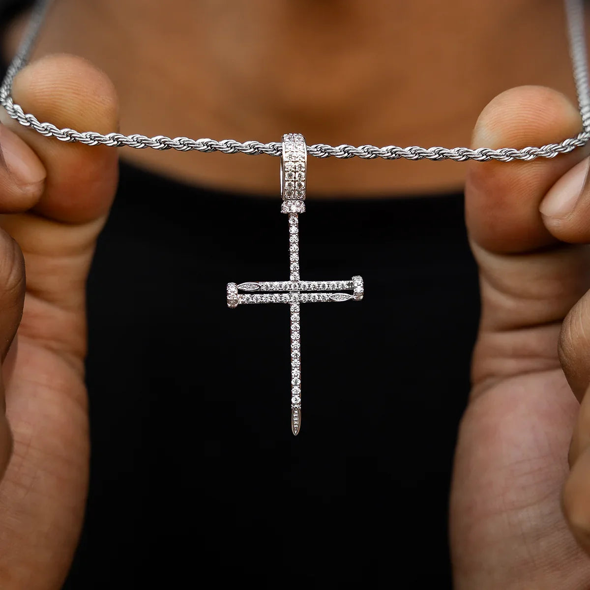 Iced Nail Cross Pendant in White Gold