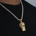Iced Functioning Coaches Whistle Pendant in Yellow Gold