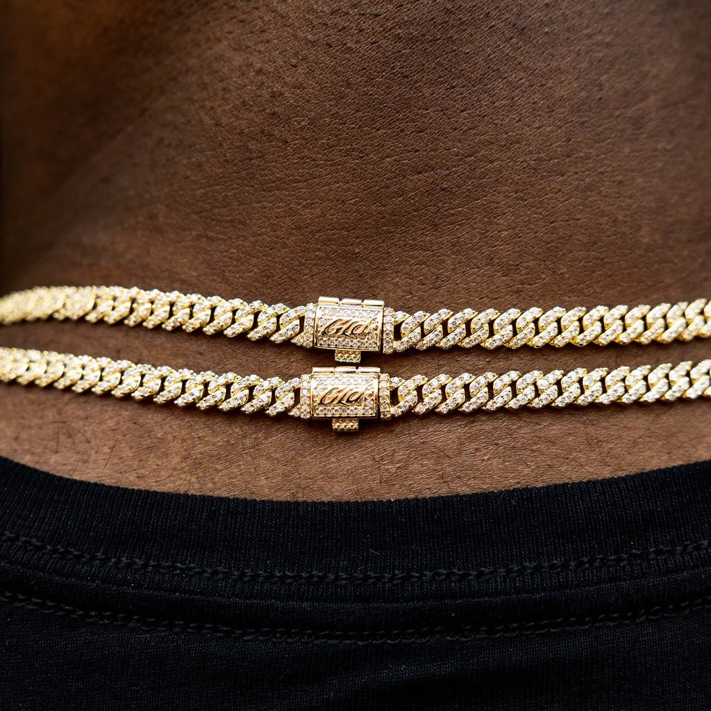 Men's 6MM Micro Diamond Prong Moissanite Cuban Chain Necklace in Yellow Gold Vermeil