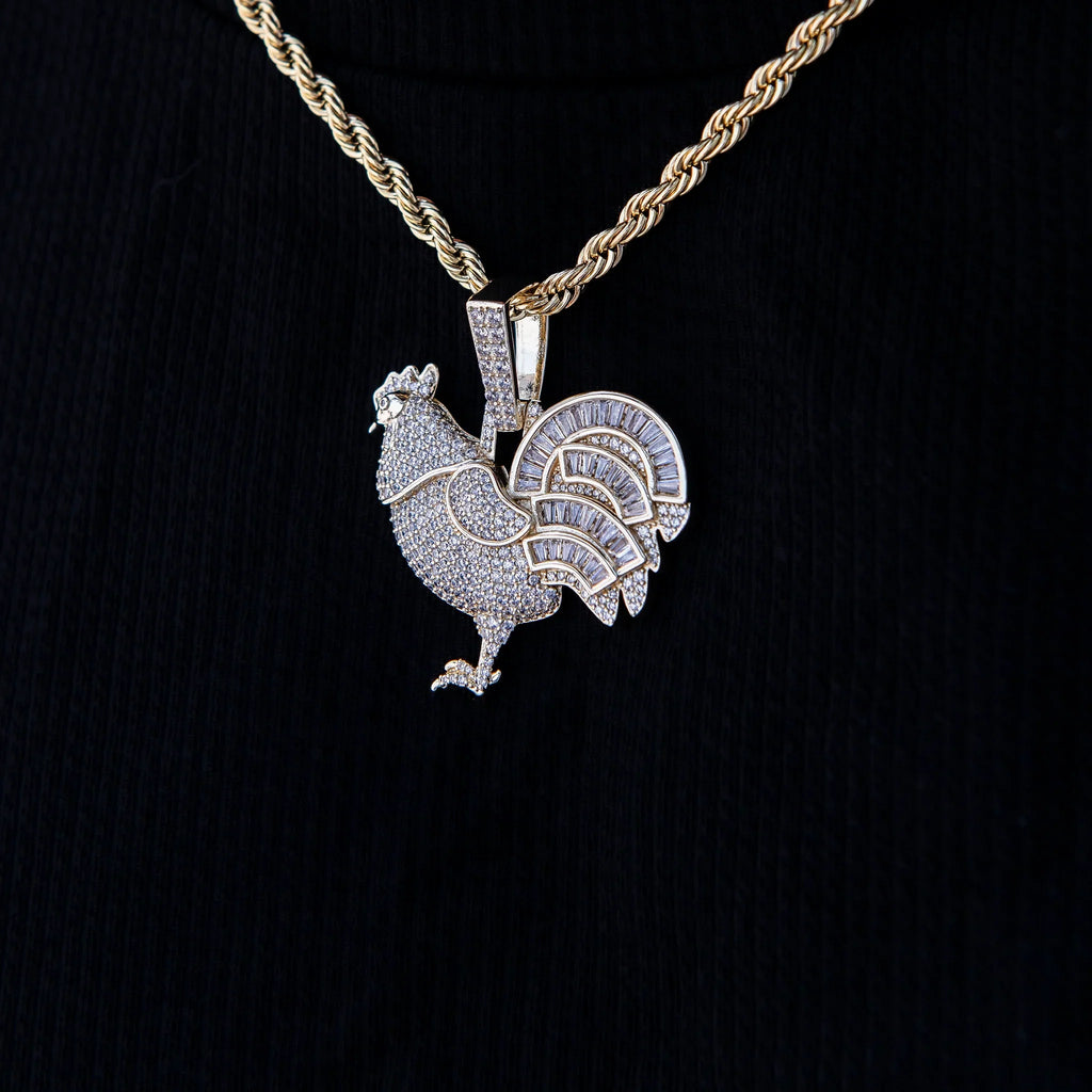 Iced Rooster Pendant in Yellow Gold