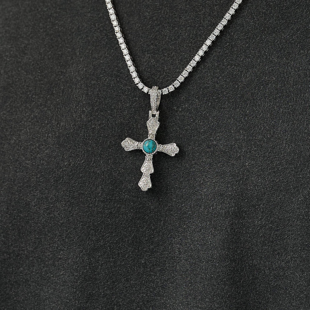 Turquoise Western Cross Pendant in White Gold