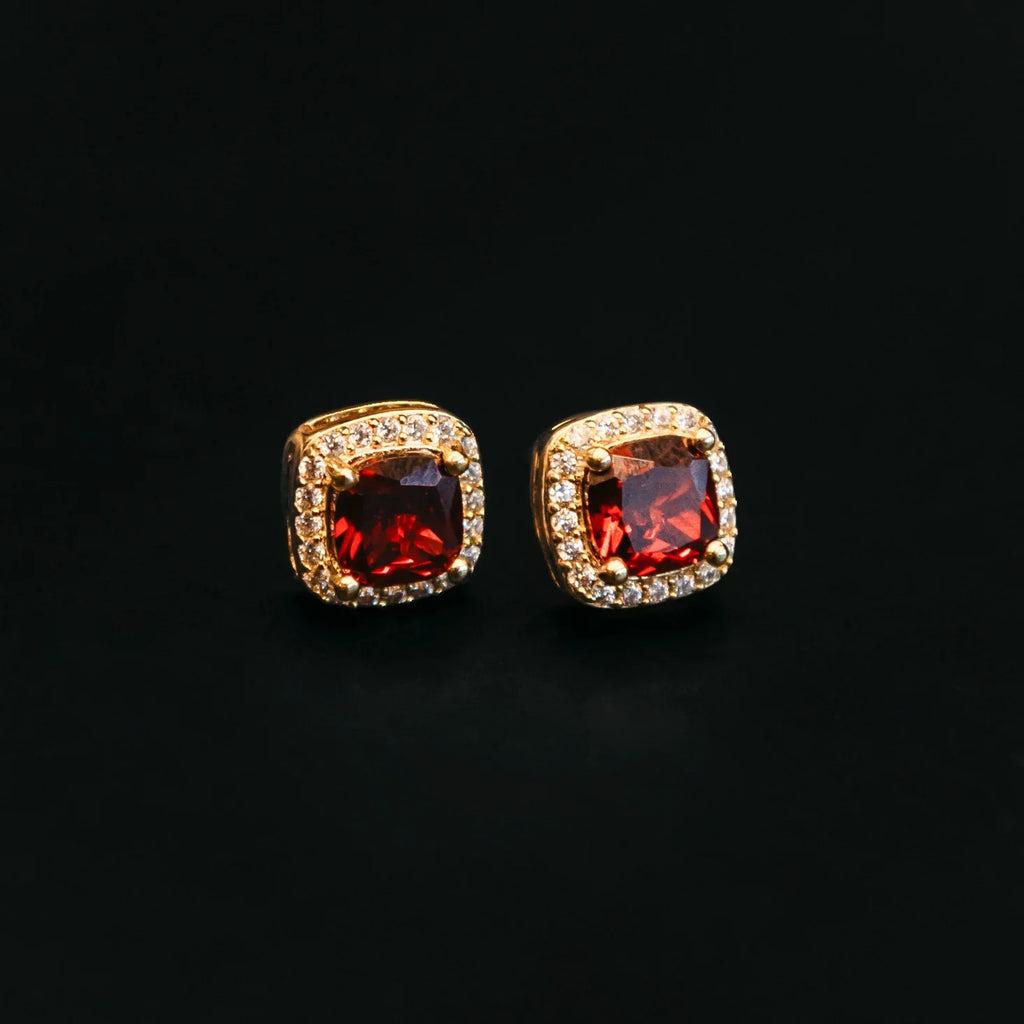 Ruby Cushion Cut Earrings in Yellow Gold