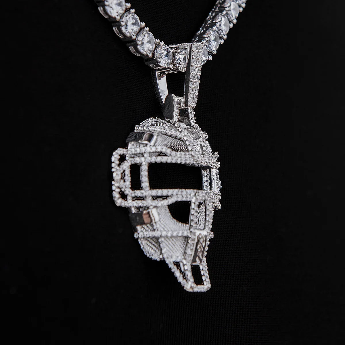 Iced Catchers Mask Baseball Pendant in White Gold