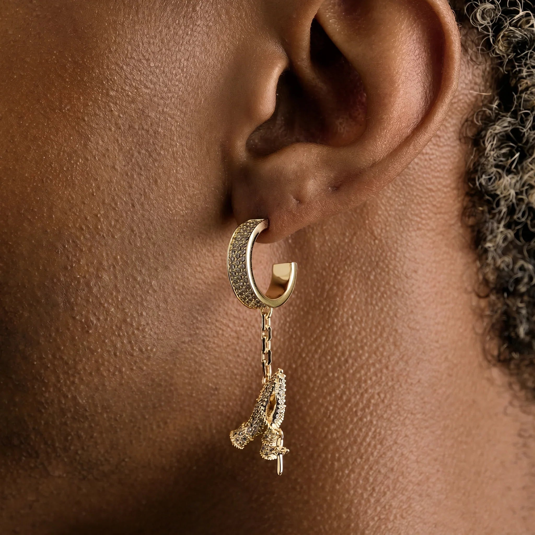 Iced Hanging Praying Hands Hoop Earring in Yellow Gold