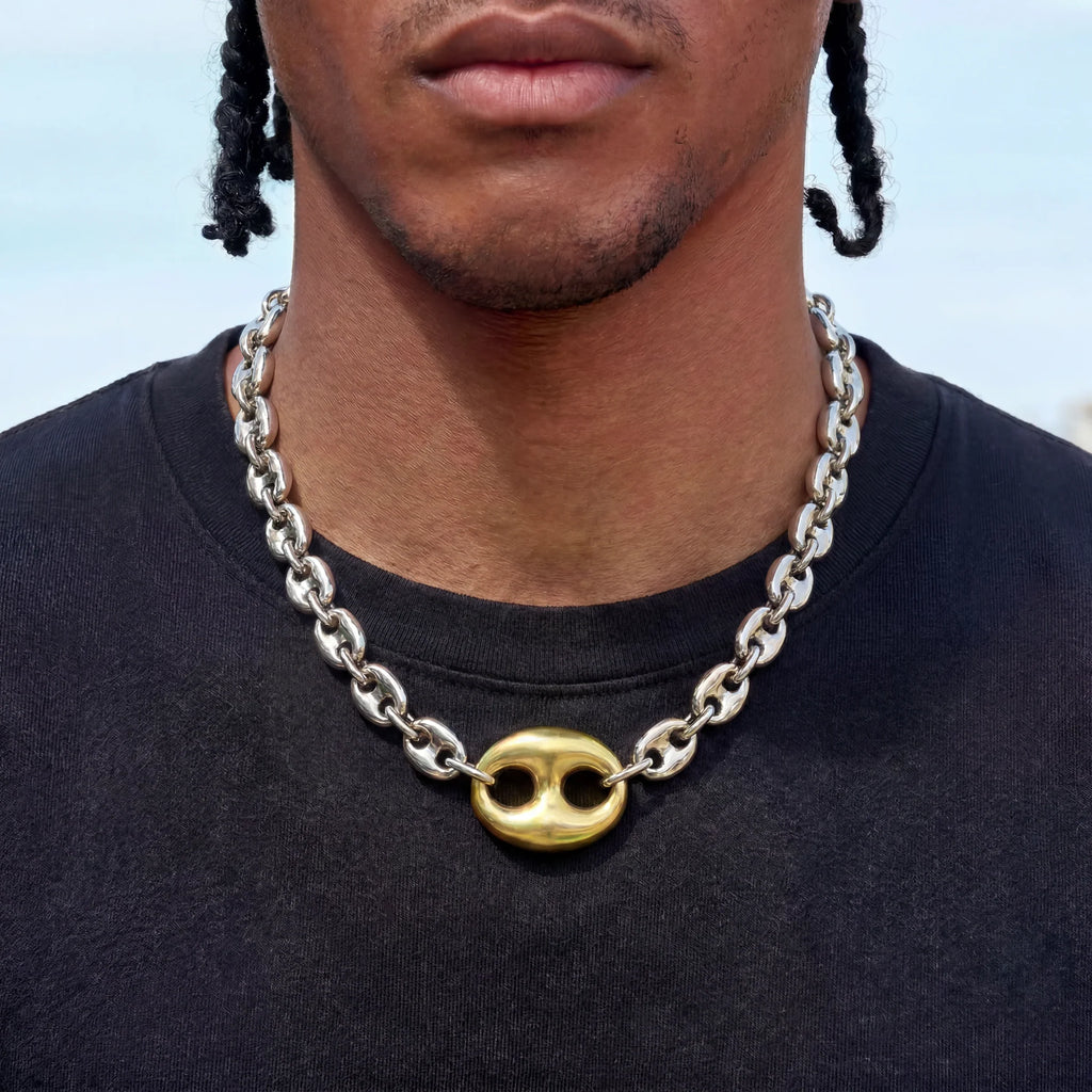 Two Tone Large Link Puffed Mariner Chain Necklace in White & Yellow Gold - 15mm