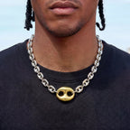 Two Tone Large Link Puffed Mariner Chain Necklace in White & Yellow Gold - 15mm