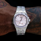 39MM Visionary Iced Pink Stone Band Watch - White Gold