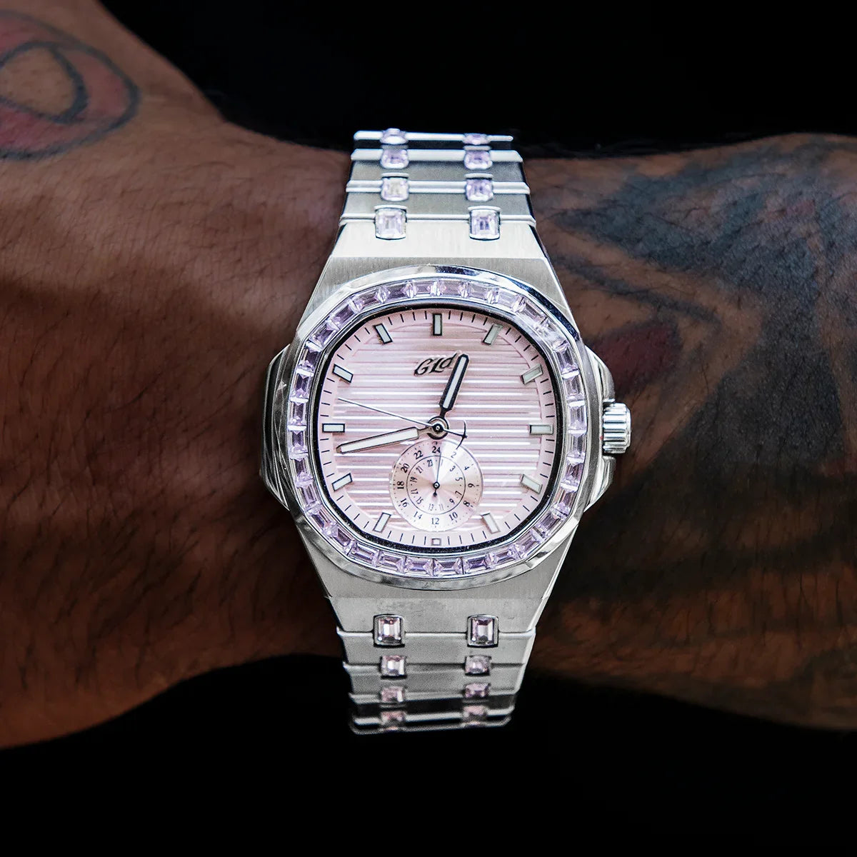 39MM Visionary Iced Pink Stone Band Watch - White Gold