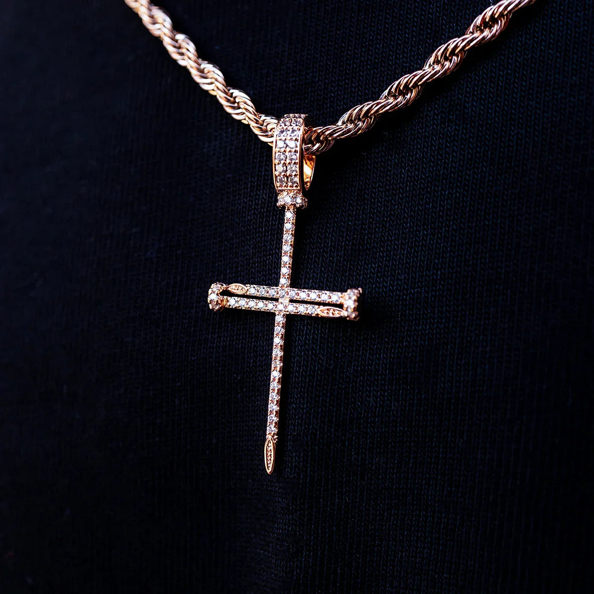 Iced Nail Cross Pendant in Rose Gold