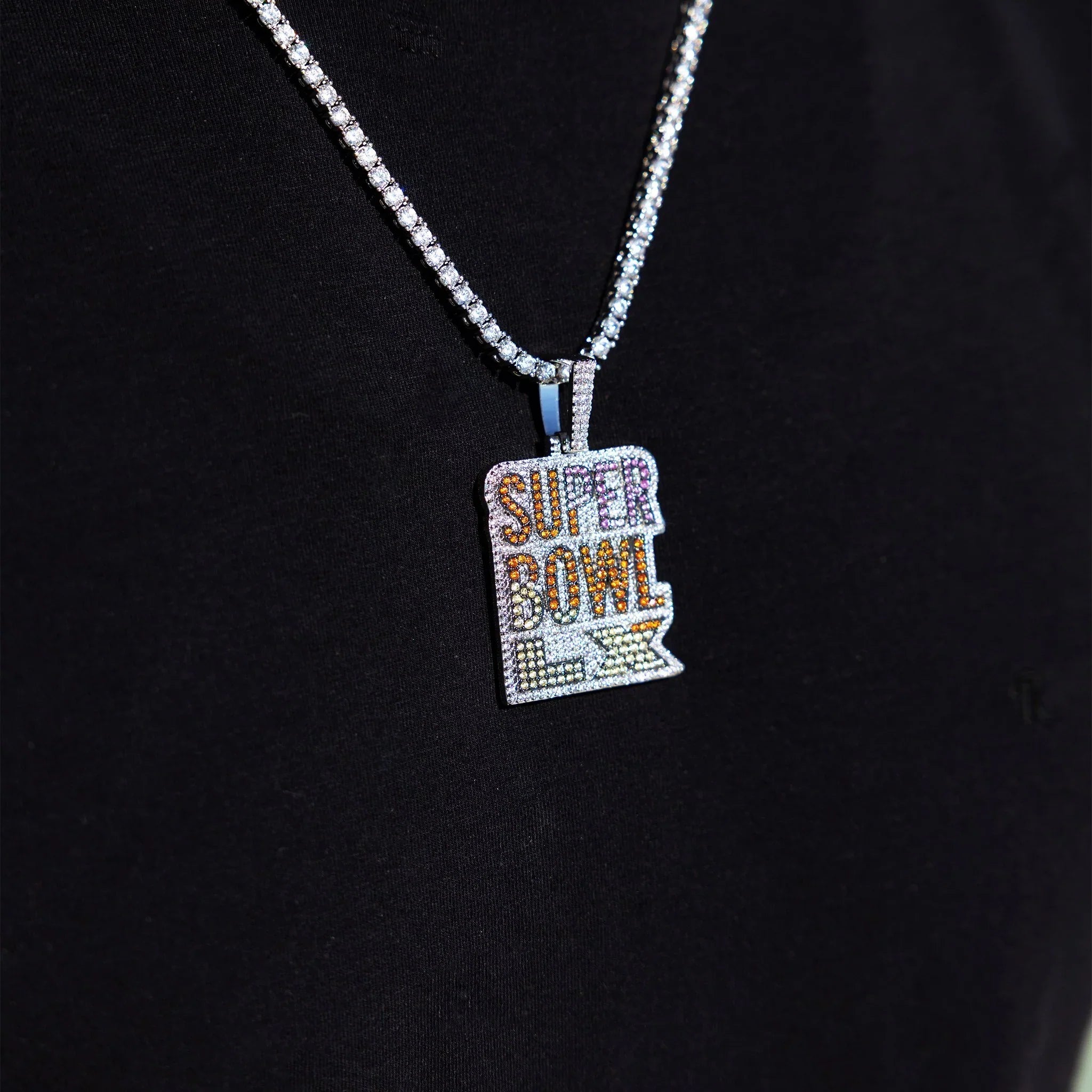 Iced 2026 Pink Ombre Stacked Super Bowl LX Official NFL Wordmark Pendant in White Gold