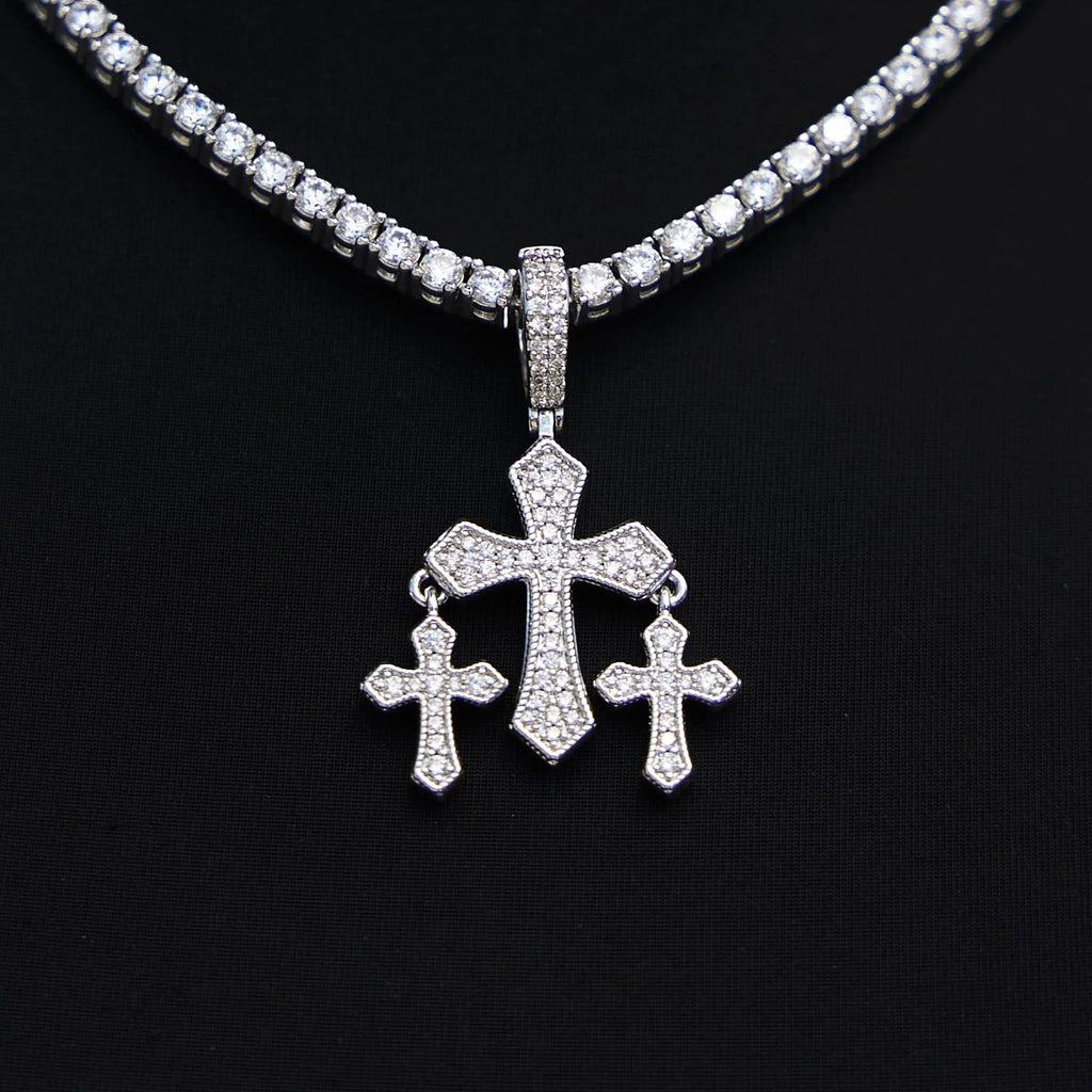 Micro Iced Triple Cross Pendant in White Gold