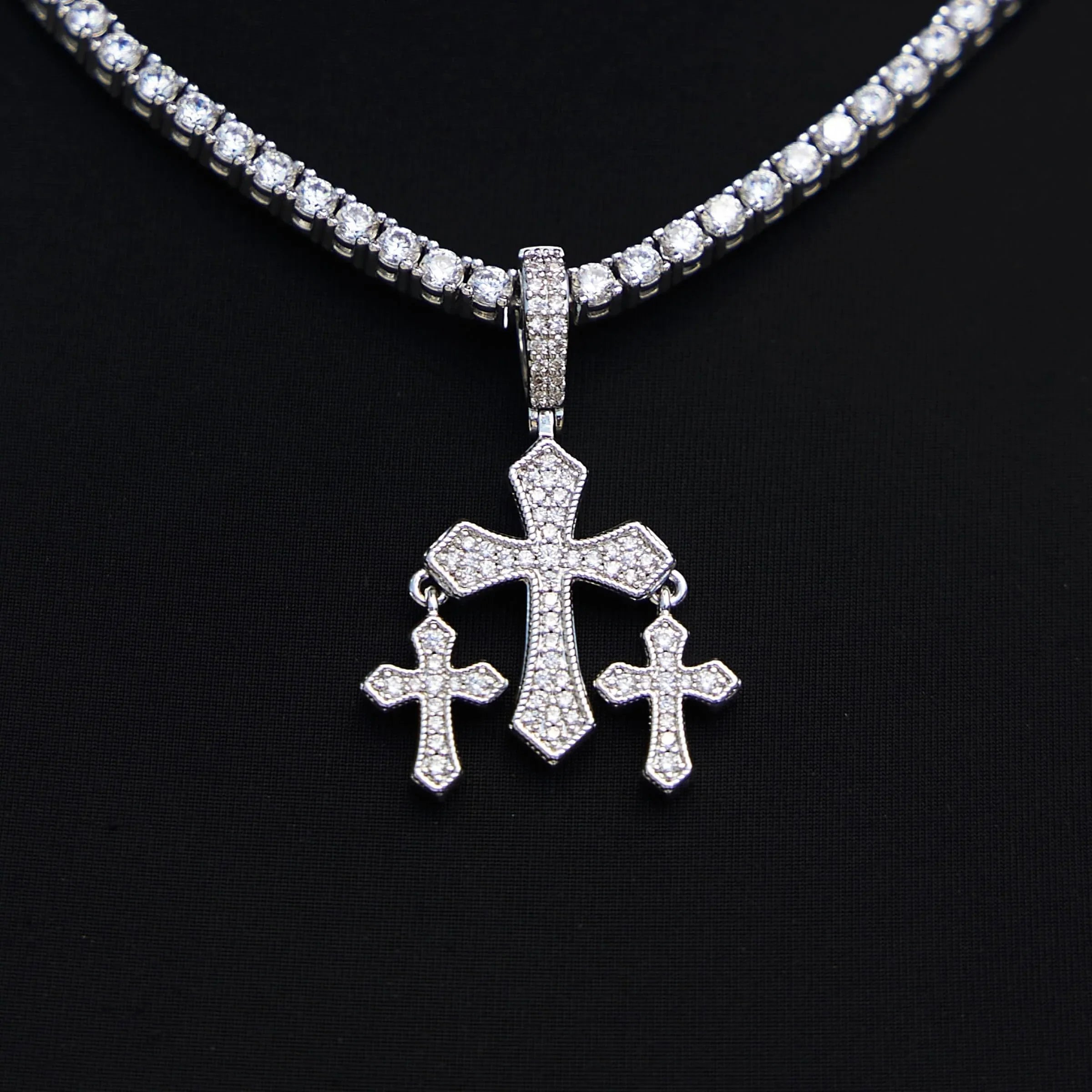 Micro Iced Triple Cross Pendant in White Gold