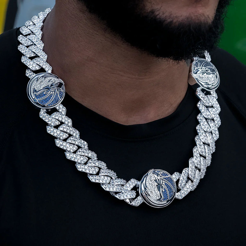 Dallas Mavericks Official NBA Diamond Prong Cuban Chain in White Gold- 25mm