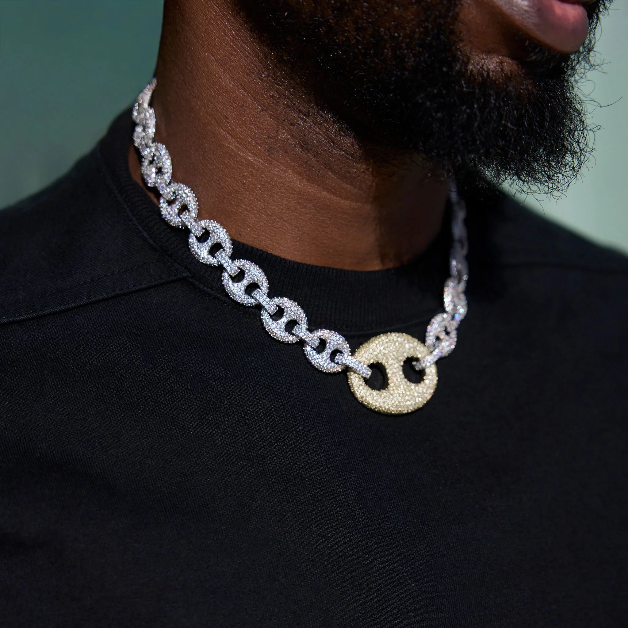 Iced Two Tone Large Link Puffed Mariner Chain in White & Yellow Gold - 15mm