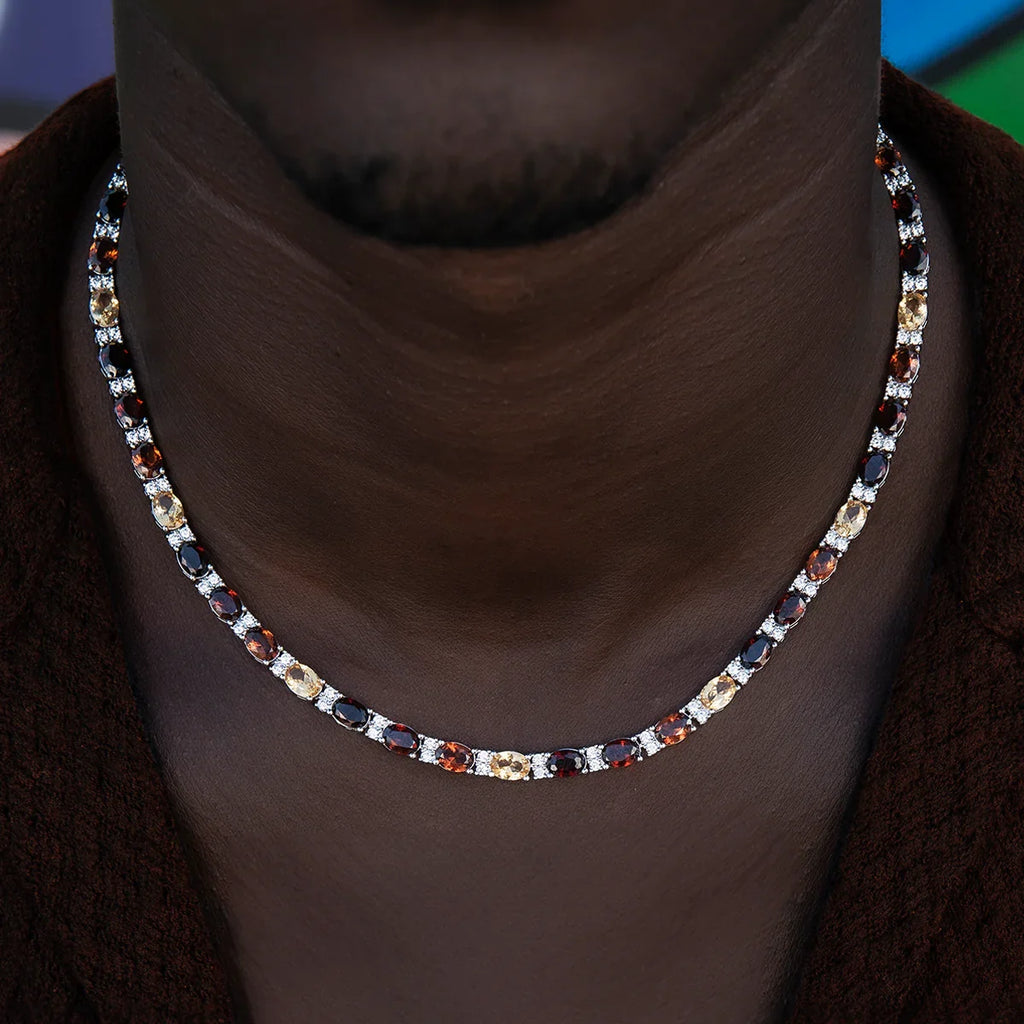 Multicolor Mixed Oval Cut Tennis Tonal Brown Stones Chain + Bracelet Bundle- 5mm