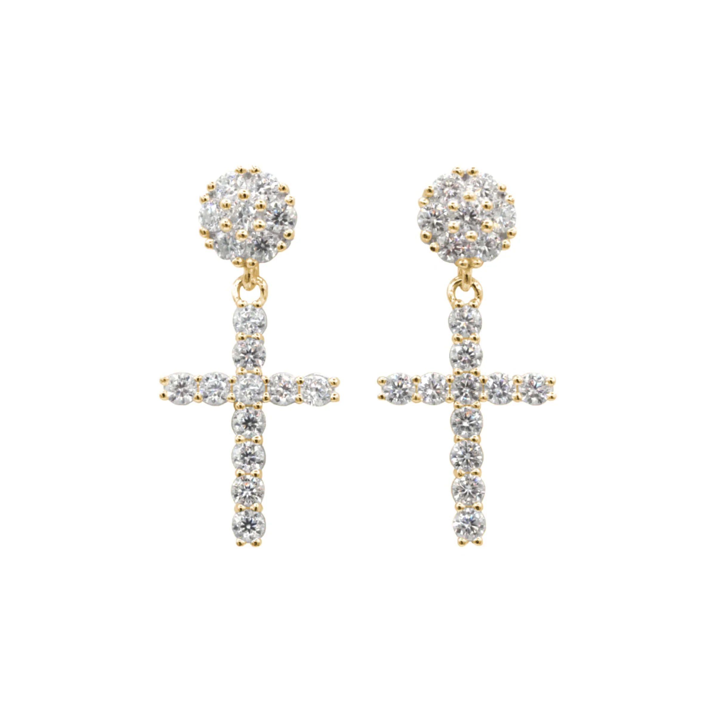 Men's Moissanite Diamond Studded Cross Earring in Yellow Gold Vermeil