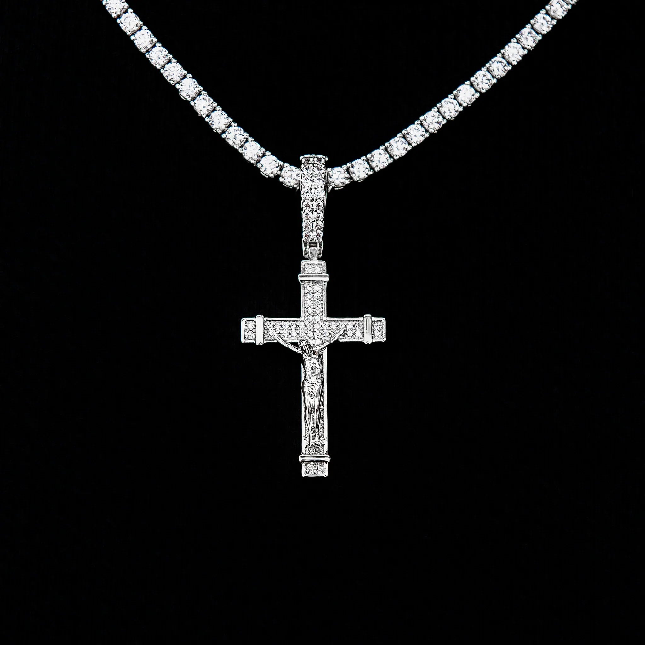 Iced Flat Crucifix Cross Pendant in White Gold