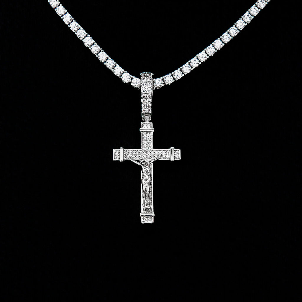 Iced Flat Crucifix Cross Pendant in White Gold