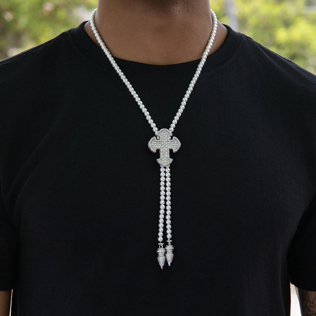 Iced Cross Pearl Bolo Chain in White Gold