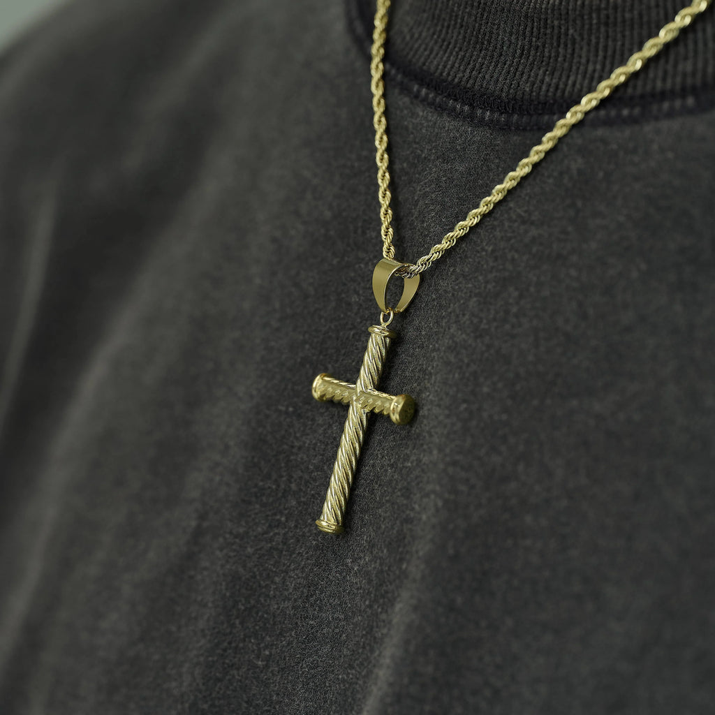 Twisted Rope Cross Pendant + 2MM Rope Chain Bundle in Yellow Gold