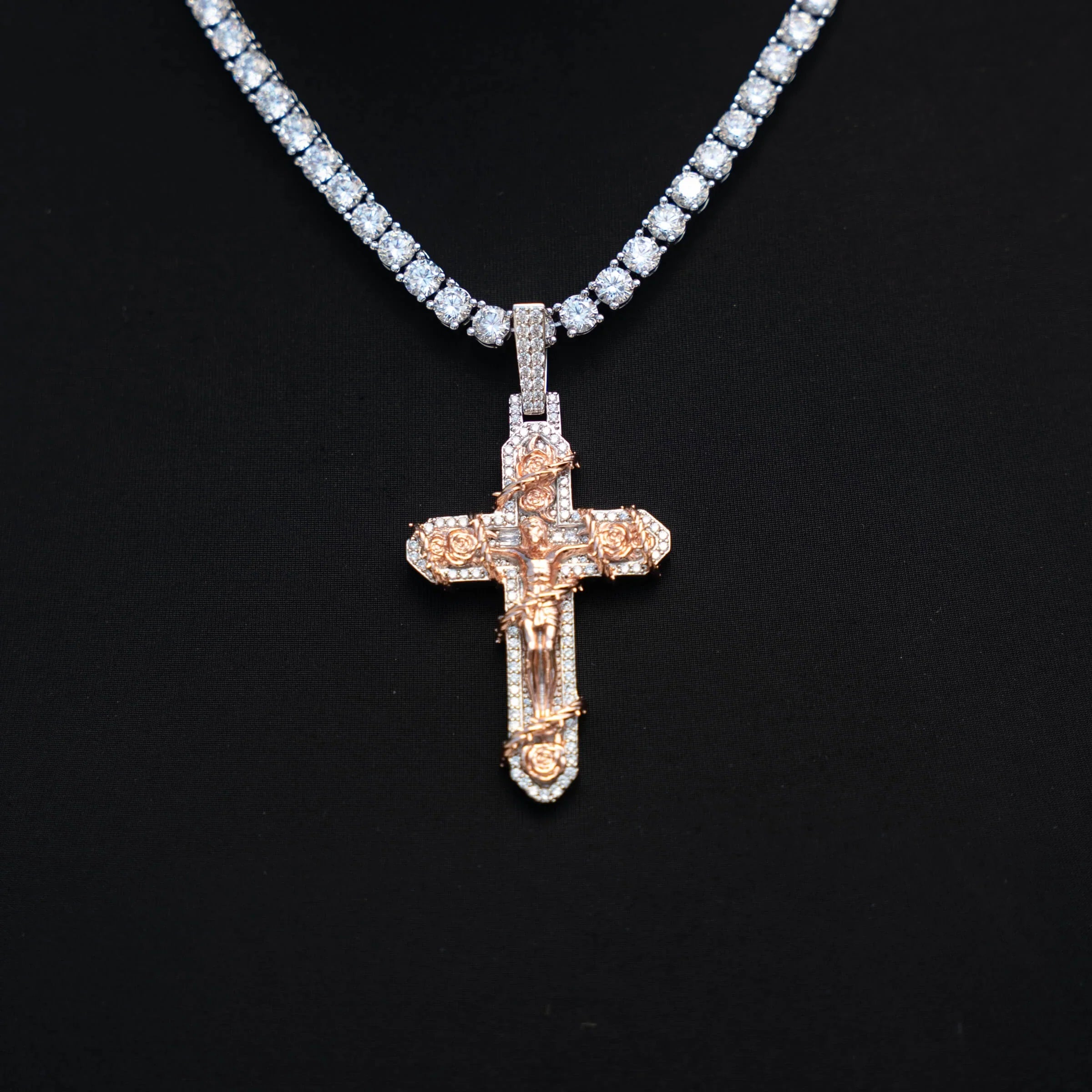Large Diamond Rose Thorn Crucifix Pendant in White Gold