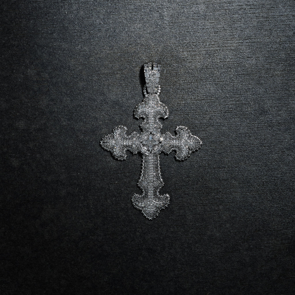GLD X Bloody Osiris Iced Moissanite Large Cross Pendant in White Gold Vermeil