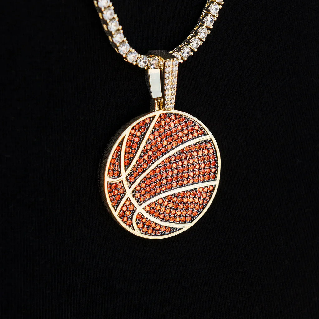 Orange Pave Basketball Pendant in Yellow Gold