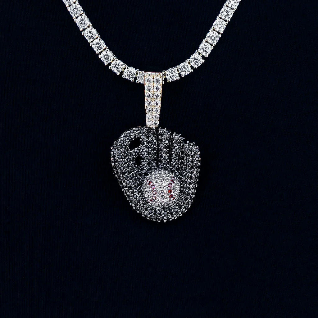 Iced Black Baseball Pendant in Yellow Gold