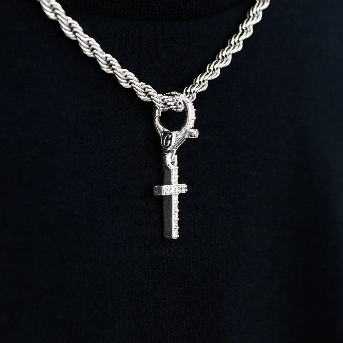 Iced Micro Cross Clip On Pendant in White Gold