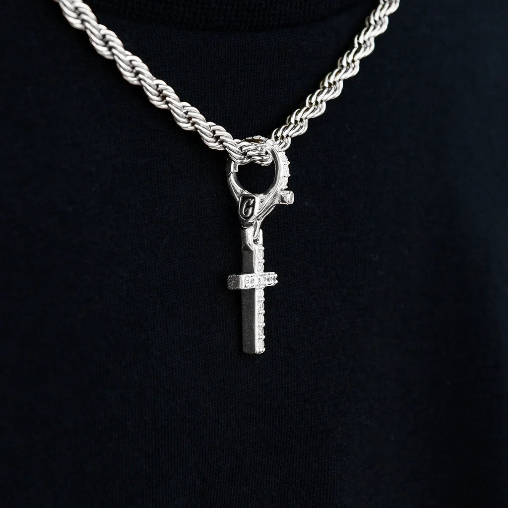 Iced Micro Cross Clip On Pendant in White Gold