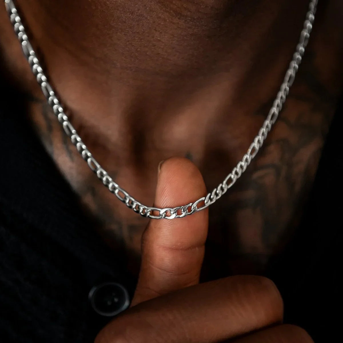 Figaro Link Chain + Bracelet Bundle in White Gold- 4mm
