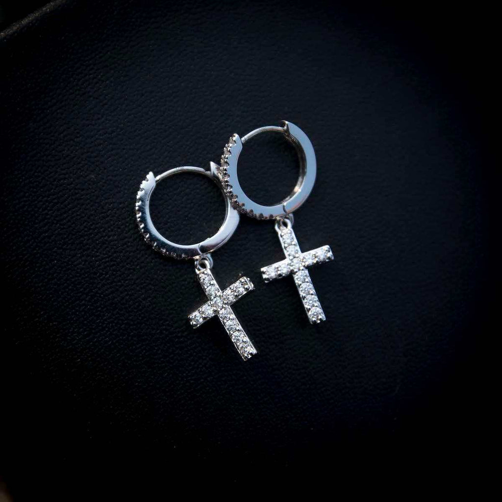 Diamond Cross Micro Huggie Hoop Earrings in White Gold
