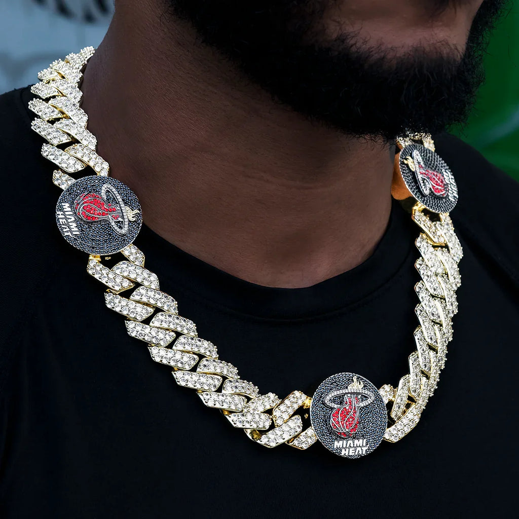 Miami Heat Official NBA Diamond Prong Cuban Chain in Yellow Gold- 25mm