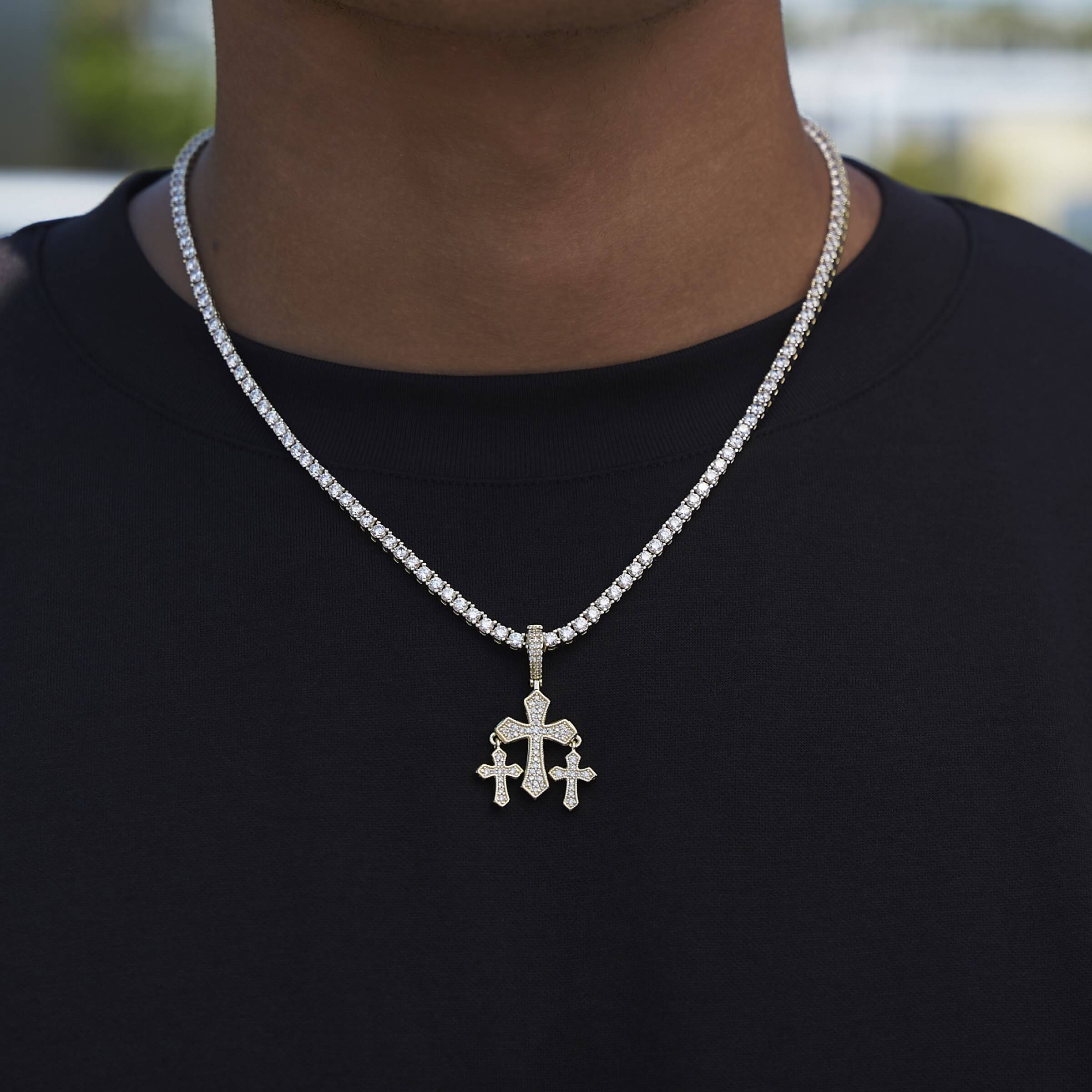 Micro Iced Triple Cross Pendant in Yellow Gold
