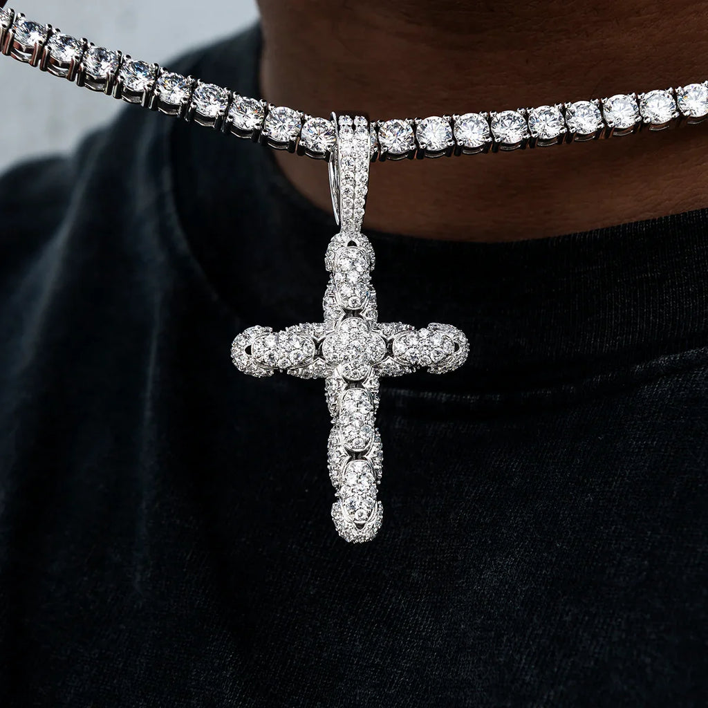 Diamond Pave Snake Link Cross Pendant in White Gold