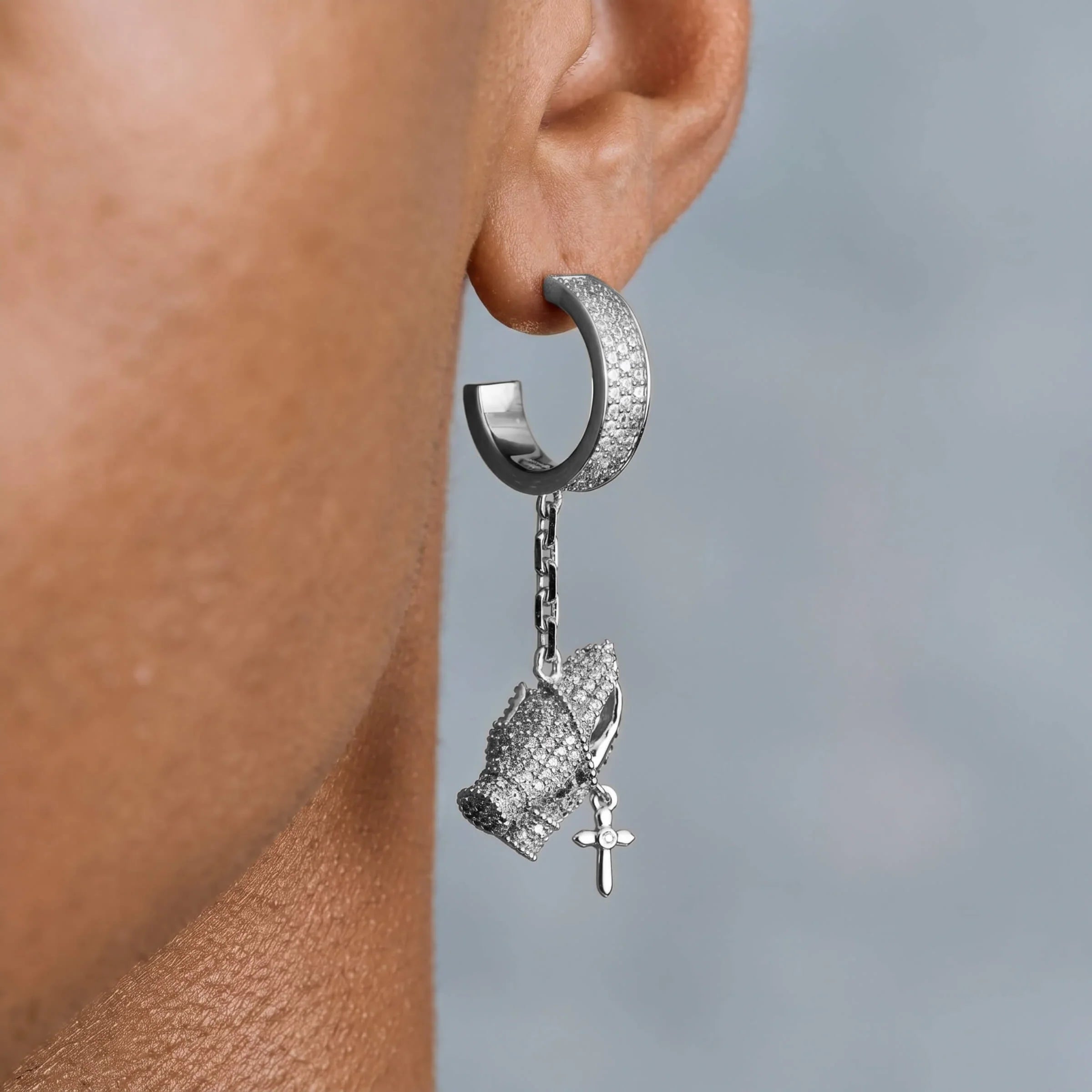 Iced Hanging Praying Hands Hoop Earring in White Gold