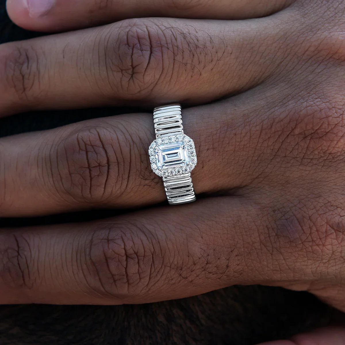 Emerald Cut Diamond Textured Ring in White Gold Vermeil