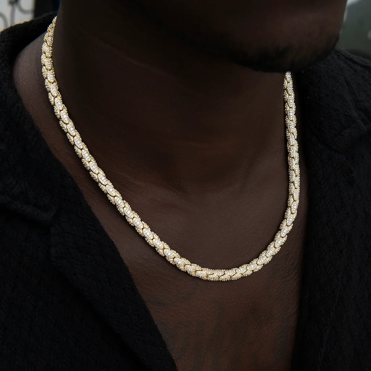 Diamond Pave Snake Link Chain in Yellow Gold-6mm