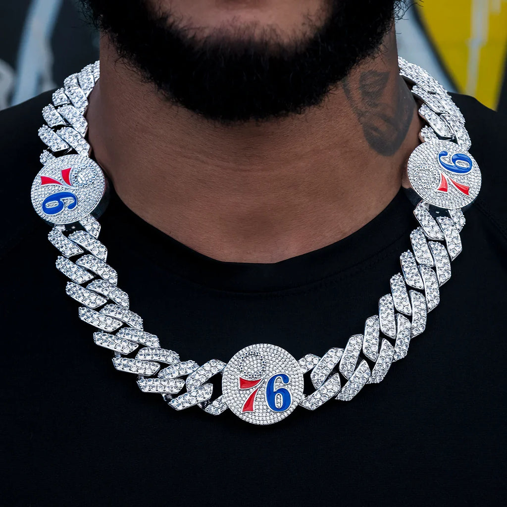 Philadelphia 76ers Official NBA Diamond Prong Cuban Chain in White Gold- 25mm