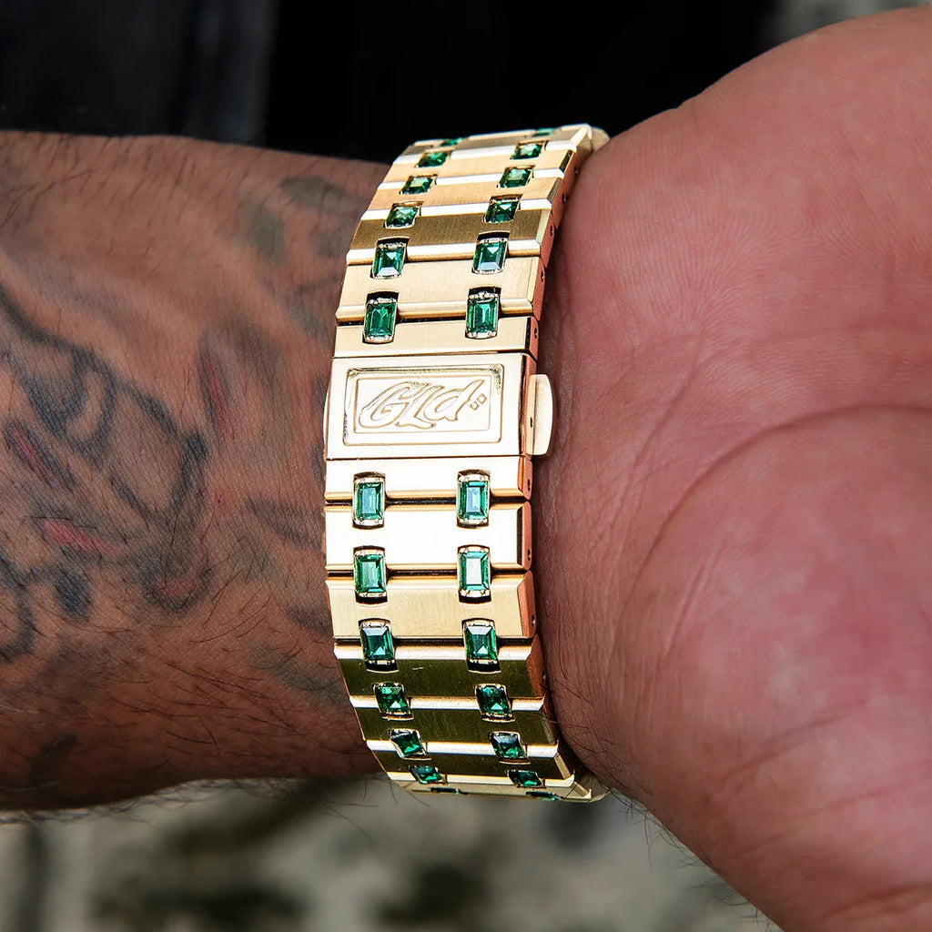 39MM Visionary Iced Emerald Stone Band Watch - Yellow Gold
