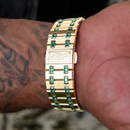 39MM Visionary Iced Emerald Stone Band Watch - Yellow Gold