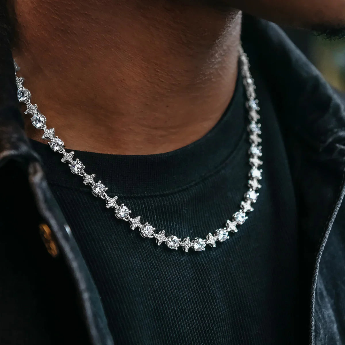 Round Stone Star Tennis Chain in White Gold - 8mm