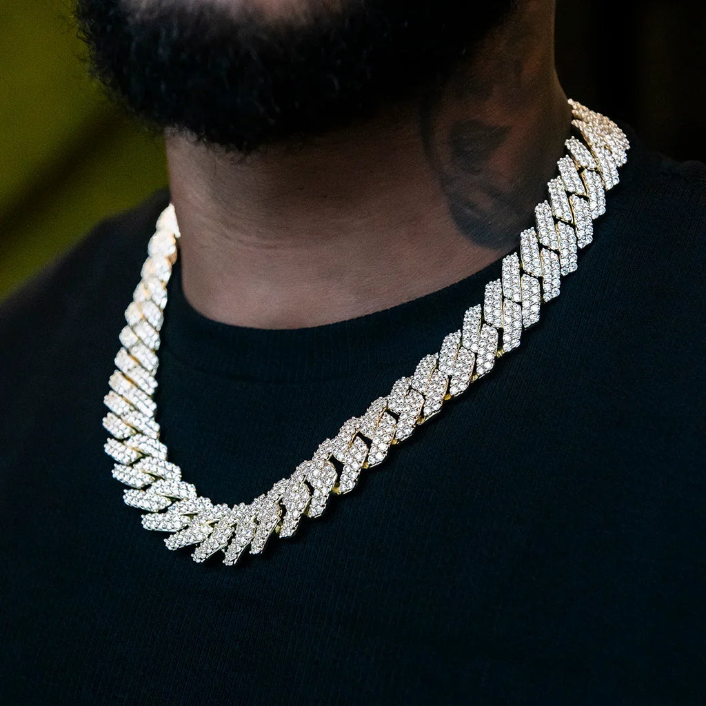 Diamond Prong Cuban Chain in Yellow Gold - 19mm