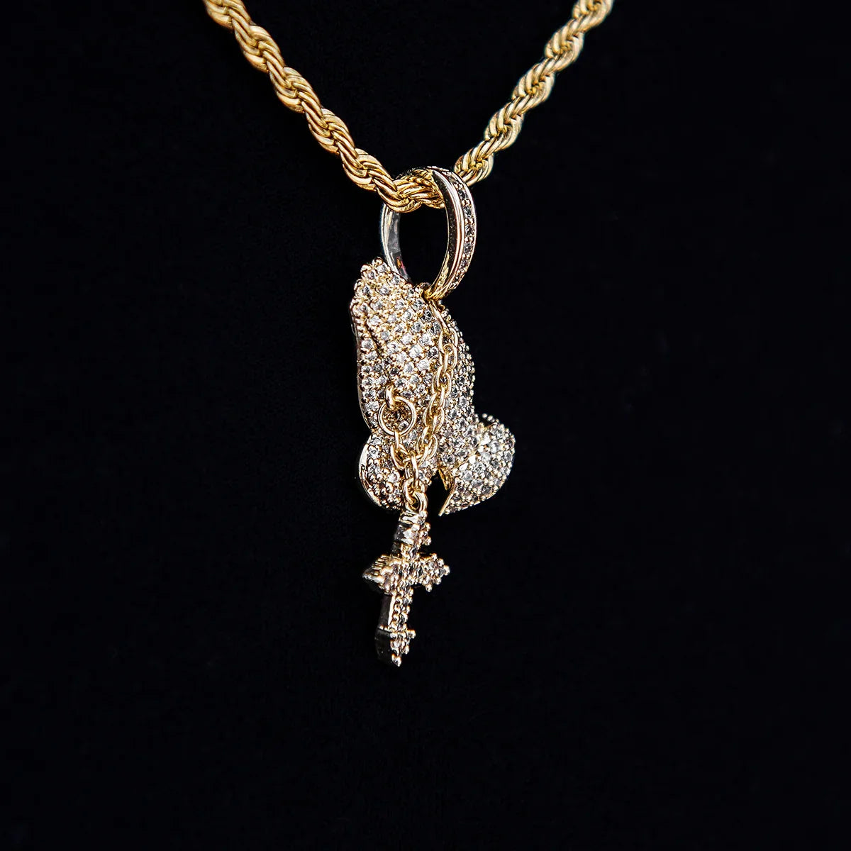 Micro Iced Praying Hands with Cross Pendant in Yellow Gold