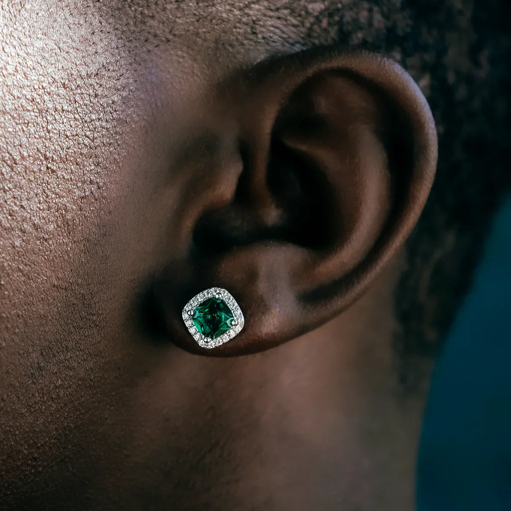 Emerald Cushion Cut Earrings in White Gold